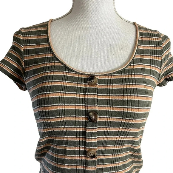 American Eagle Top XS Striped Button Accents Orange Green Knit Short Sleeves Top - Picture 4 of 4